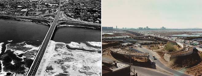 1970년 6월 항공 촬영한 준공 직후의 마포대교(왼쪽)과 1979년 10월 북단의 입체교차로 건설공사가 진행중인 마포대교. 강 너머의 여의도에는 국회의사당과 순복음교회 건물이 보일 뿐 고층 건물의 모습은 찾아볼 수 없다. [정부기록사진집·서울역사아카이브]