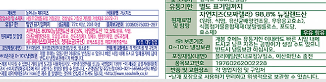 같은 제조업체에서 생산한 제품이나 각기 가공치즈, 자연치즈라고 표기되어 있다