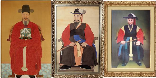 왼쪽부터 장우성 화백이 1953년 그린 이순신 장군의 영정, 1932년 이상범 화백이 그린 이순신 장군 영정, 1977년 정형모 화백이 그린 이순신 장군 영정. 서울신문 DB.