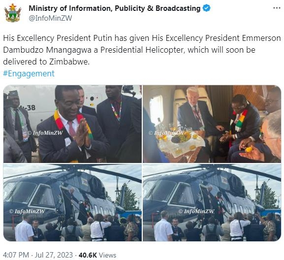 푸틴, 짐바브웨 대통령에게 전용 헬기 선물 [짐바브웨 공보부 트위터 계정 캡처]