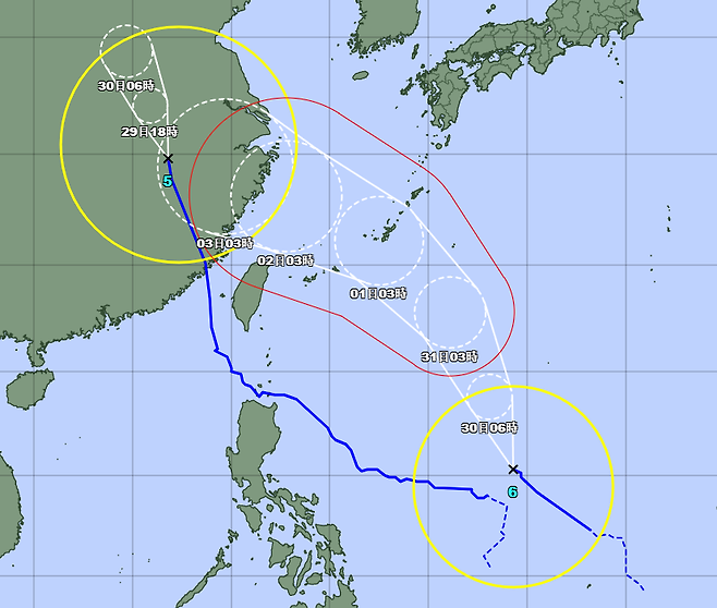 일본기상청의 태풍 '카눈' 예상 경로 (왼쪽 노란 원은 5호 태풍 '독수리')