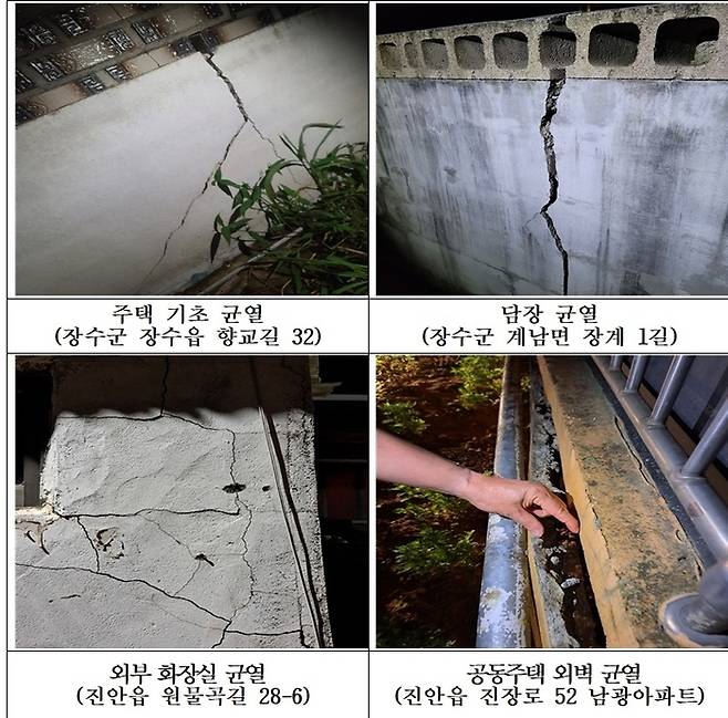 전북도는 지난 29일 장수군 북쪽 17㎞ 지역에서 규모 3.5 지진이 발생한 이후 4건의 피해가 집계됐다고 30일 밝혔다. 사진은 장수군과 인근 진안군의 담장 등 균열 피해 모습. 전북도 제공