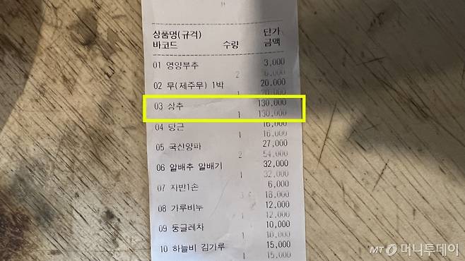 28일 경기도 성남시 분당구 한 유명 정육식장이 공개한 지난 24일 상추 4kg(한 박스) 주문 가격 영수증/사진=독자제공