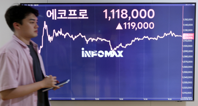 에코프로가 전 거래일 대비 11.91% 오른 111만8천원으로 거래를 마감한 18일 오후 서울 종로구 연합인포맥스 전광판에 에코프로 종가 현황이 표시되고 있다. 연합뉴스