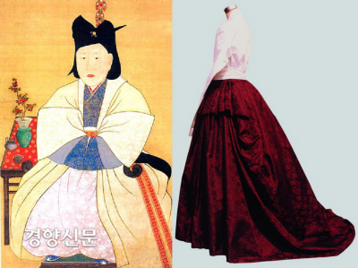 왼쪽은 세종 연간에 영의정을 지낸 하연(1376~1453)의 부인인 정경부인 성주 이씨(1390~1465)의 영정. 윗옷의 품이 크고 치마폭이 넓고 볼륨감 있다는 것을 확인할 수 있다. 당시 명나라에서 조선 마미군이 유행하던 시기이기도 하다. 오른쪽 사진은 경기도 양주 남양 홍씨 묘 출토 치마(16세기)를 복원한 모습. 역시 볼륨감있는 A라인 치마이다.|백산서원·단국대 석주선기념박물관 소장