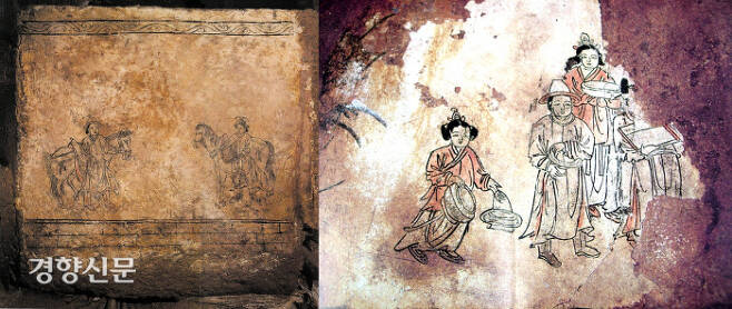 경남 밀양 박익(1332~1398)의 벽화묘. 등장 인물 중들 가운데 등장하는 시종과 마부들 역시 몽골식 모자와 변발을 하고 있는 모습이 확인되었다. 몽골패션의 영향이 확산되어 있었음을 짐작할 수 있다.|동아대박물관의 ‘<밀양 고법리벽화묘>(고적조사보고 35책), 2002’에서