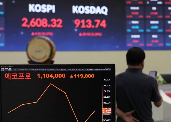 에코프로가 전거래일 대비 12.8% 상승하며 110만4000원으로 장을 마감한 지난7월28일 서울 여의도 KRX한국거래소 모니터에 에코프로 종가가 보이고 있다./사진=뉴시스
