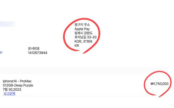 애플을 사칭해 이용자들에게 보낸 메일에는 청구지 주소가 '강원도 동해시'로 기재돼 있다. [온라인 커뮤니티]