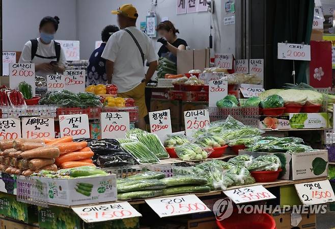 잦은비에 채솟값 걱정 (서울=연합뉴스) 류영석 기자 = 장마와 무더위에 상추, 시금치, 오이 등 채솟값이 오르는 가운데 9일 오후 서울 망원시장을 찾은 시민들이 채소를 구입하고 있다. 2023.7.9 ondol@yna.co.kr