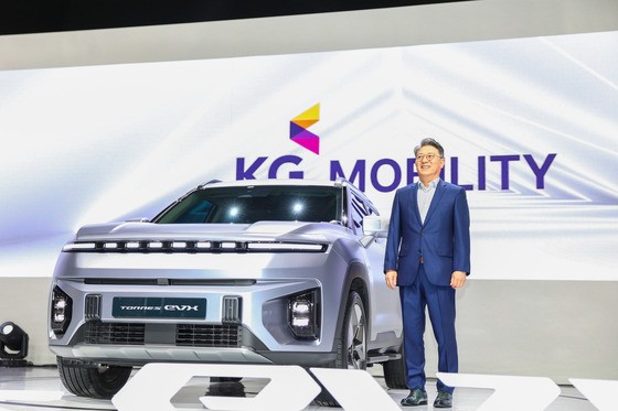 KG Mobility Chairman Kwak Jea-sun poses with Torres EVX during a press event held at Kintex, Gyeonggi, in March. [NEWS1]