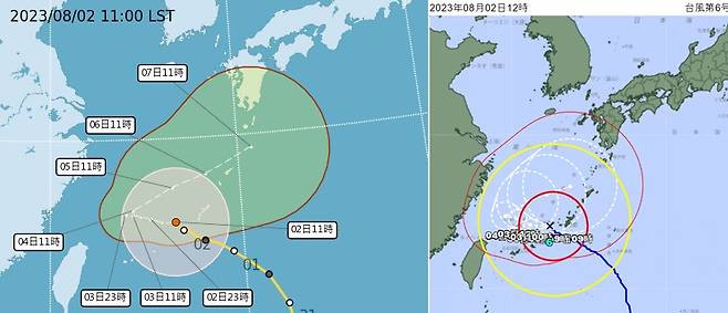 대만 기상청(왼쪽)과 일본 기상청의 카눈 예상 경로/사진=각국 기상청 캡처