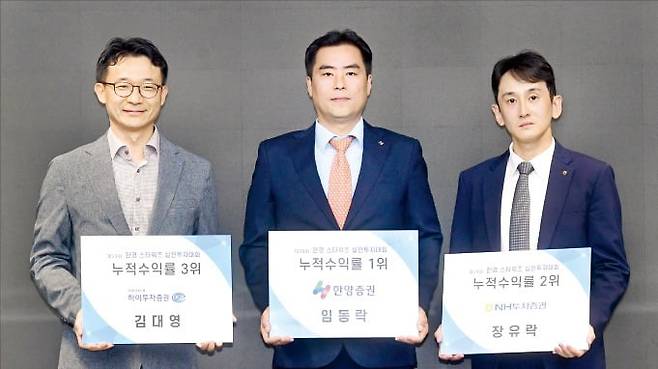 ‘2023 한경 스타워즈 실전투자대회’ 상반기 시상식이 2일 서울 중림동 한국경제신문사에서 열렸다. 왼쪽부터 3위 김대영 하이투자증권 부산WM센터 부장(성홍기 경영문화실장 대리 수상), 1위 임동락 한양증권 여의도PWM센터 부장, 2위 장유락 NH투자증권 영업부금융센터 차장.    /변성현 한경닷컴 기자