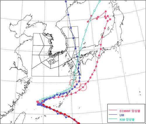 수치예보모델별 제6호 태풍 카눈 예상 경로. [기상청 제공. 재판매 및 DB 금지]