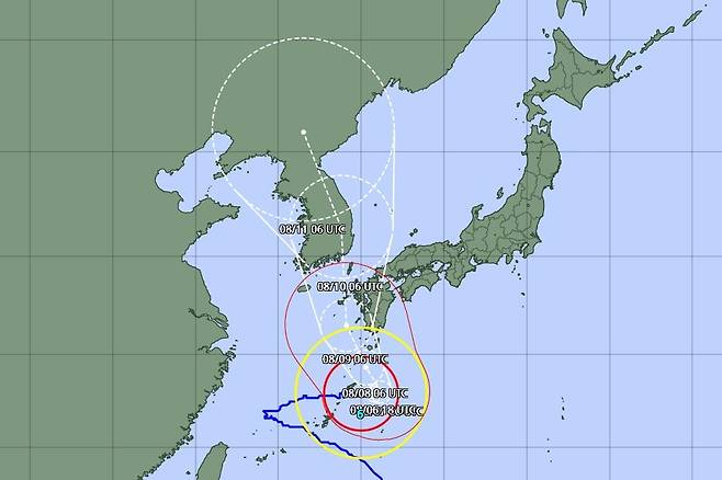 일본 기상청이 6일 오후 3시 발표한 카눈 예상 경로. [일본 기상청 홈페이지 갈무리. 재판매 및 DB 금지]