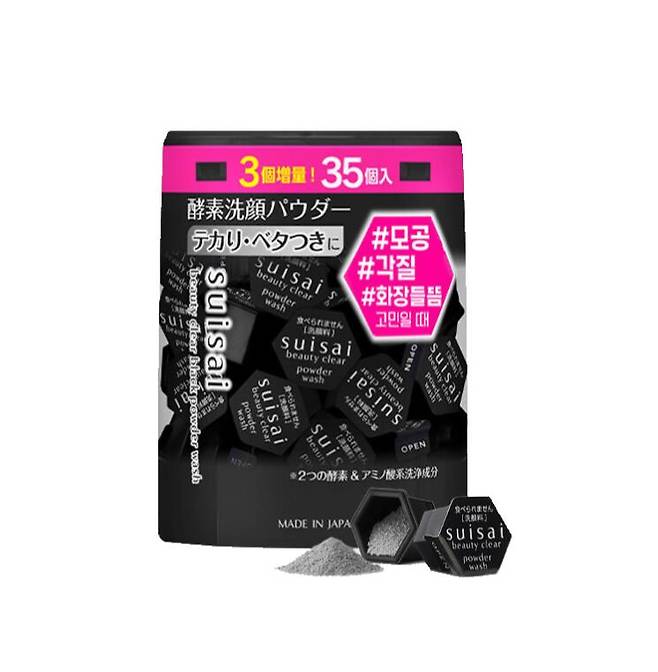 가네보 수이사이 뷰티 클리어 블랙 파우더 워시 - 모로칸 라바클레이와 숯 성분, 각질과 피지 제거 효소를 함유한 가루형 폼 클렌저. 지성, 여드름 피부, 남성 피부에 특히 적합. 32개 2만 4천 원.