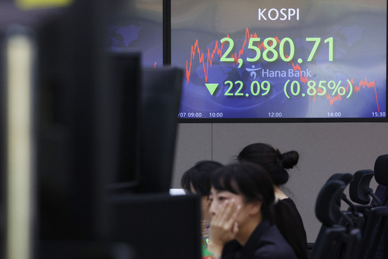 A screen in Hana Bank's trading room in central Seoul shows the stock market close on Monday. [YONHAP]