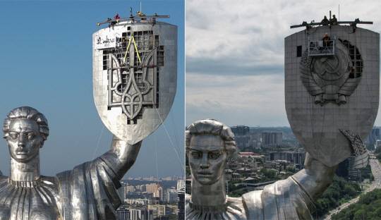 우크라이나 키이우 ‘조국’ 기념비의 방패 문양을 삼지창으로 교체한 후의 모습(좌)과 바꾸기 전의 모습. EPA 로이터 연합뉴스