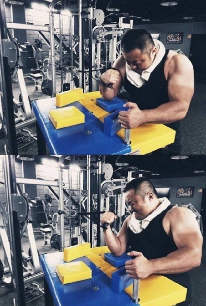 팔씨름 연습 중인 영화 배우 마동석. 마동석 SNS 캡처