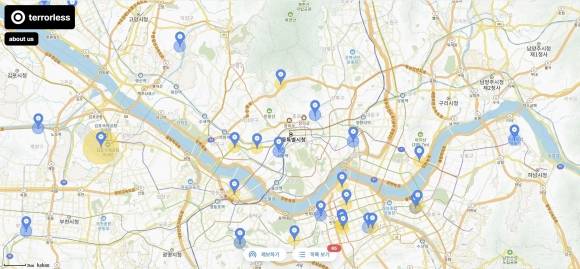 지난 6일 개설된 흉악범죄 예고 정보 사이트 ‘테러레스’. 사이트에 접속하면 내 위치를 기준으로 주변 살인 예고 글 정보를 한 눈에 볼 수 있다./테러레스 사이트 캡처