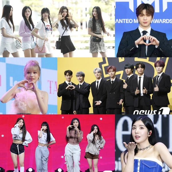 잼버리 K팝 콘서트 출연진, 뉴진스(왼쪽 위부터 시계방향), 강다니엘, NCT 드림, 권은비, 마마무, 조유리