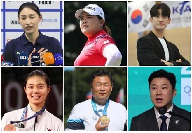 IOC 선수위원 선거에 한국 대표로 나가겠다고 출사표를 던진 6인. 왼쪽 위부터 시계방향으로 김연경, 박인비, 이대훈, 진종오, 오진혁, 김소영. /연합뉴스