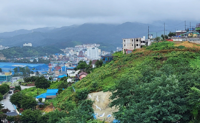 ▲ 제6호 태풍 카눈이 북상하며 최대 600mm 이상의 집중호우와 강풍이 예고된 영동지방에는 9일 오후 들어 점차 많은 비와 함께 파도가 높아지고, 바람이 느껴지는 등 태풍 전조현상들이 나타나면서 주민들은 최대한 안전책을 마련하면서도 큰 피해가 없기를 바라는 마음으로 불안해 하고 있다. 지난 2년전 강릉·동해 동해안 대형산불때 불에 탄 카페 ‘연리지’가  앙상한 벽체만 남아있는 상태로 언덕위에 위태롭게 서 있다.