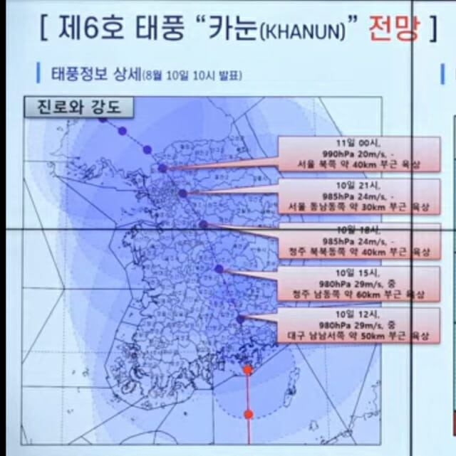 10일 제6호 태풍 카눈 이동 경로 (출처=기상청)