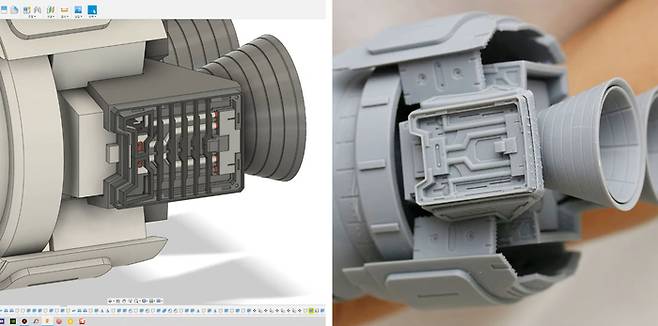 0.03mm까지 표현이 가능해 디테일한 표현이 가능하다. 설계도(좌)와 출력물(우)