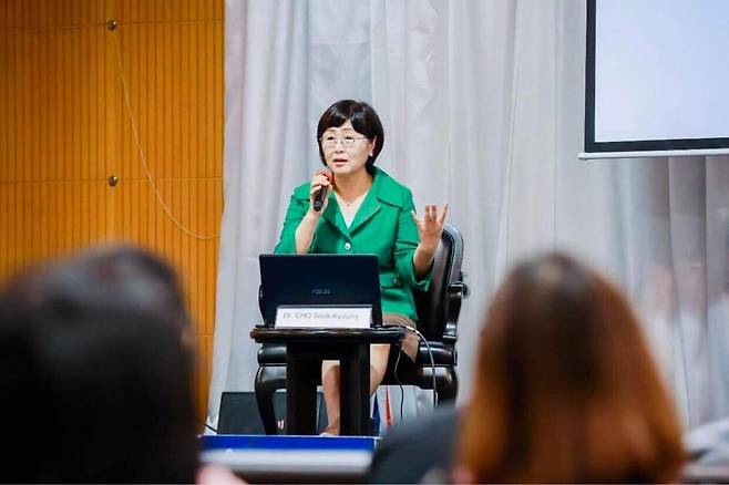 외부 강연을 하는 조숙경 세계과학커뮤니케이션학회장. 조숙경 회장 제공