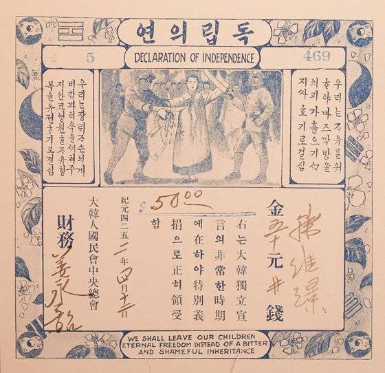 재미 한인 독립운동단체 대한인국민회가 발행한 독립의연금 영수증. 테두리에 무궁화 무늬와 태극기가 함께 그려져 있다.