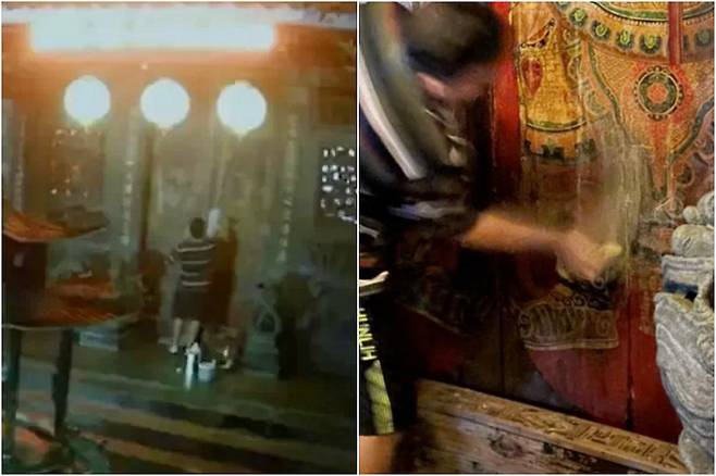 술에 취한 스페인 예술가가 대만 타이베이시 스린의 한 도교사찰의 대문을 훼손하고 있다. 출처: CCTV 영상,경찰 바디캠