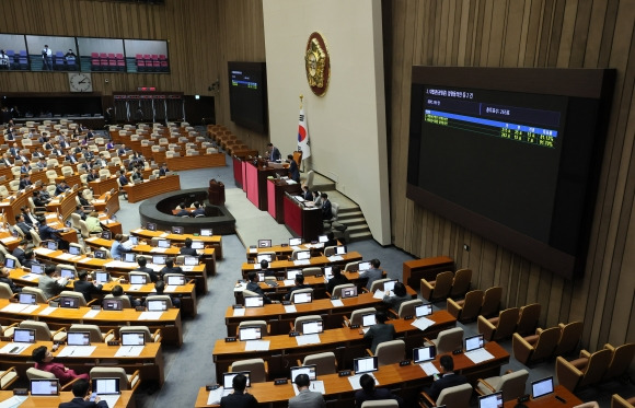 권영준·서경환 대법관 후보자 임명동의안 국회 본회의 통과 - 지난달 18일 국회 본회의에서 권영준·서경환 대법관 후보자 임명동의안이 통과되고 있다. 연합뉴스