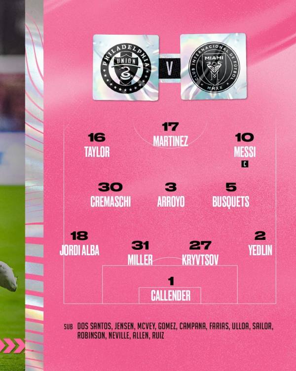 16일 필라델피아 유니온전 인터 마이애미의 선발 명단. 사진=인터 마이애미 SNS