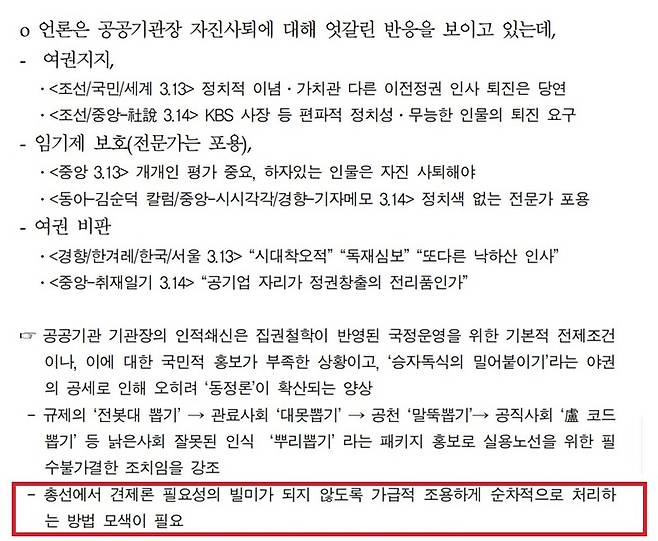 ▲ 이동관 청와대 대변인 시절 대변인실이 작성한 '주간 주요 언론보도 분석' 문건