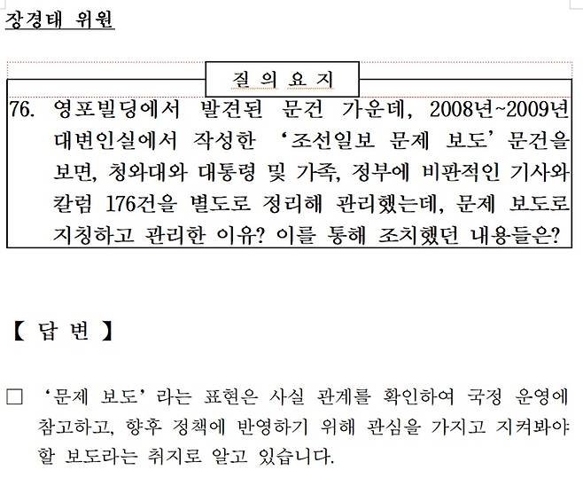 ▲16일 이정문 더불어민주당 의원실이 이동관 후보자로부터 제출받은 서면답변서.