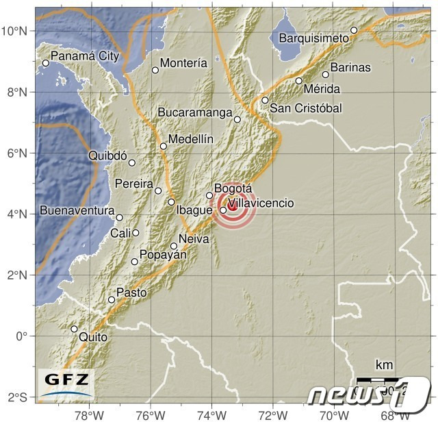 17일(현지시간) 콜롬비아 수도 보고타 인근서 규모 6.0 지진이 발생했다. 2023.08.18/뉴스1(GFZ 홈페이지 갈무리)