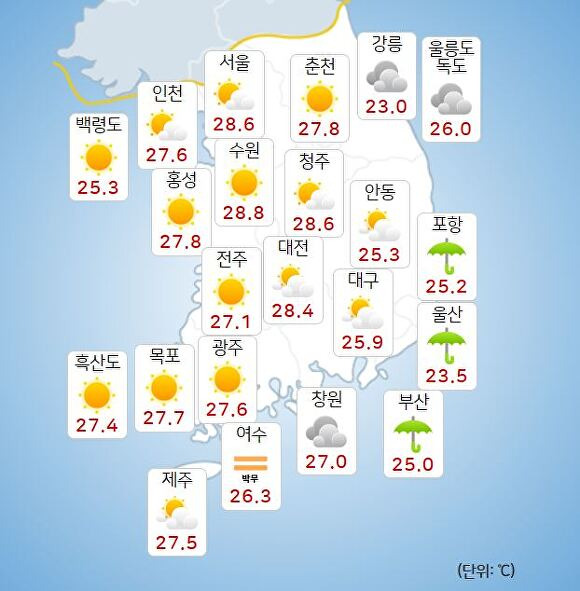 18일 오전 9시 현재 전국 날씨. [사진=기상청 날씨누리]