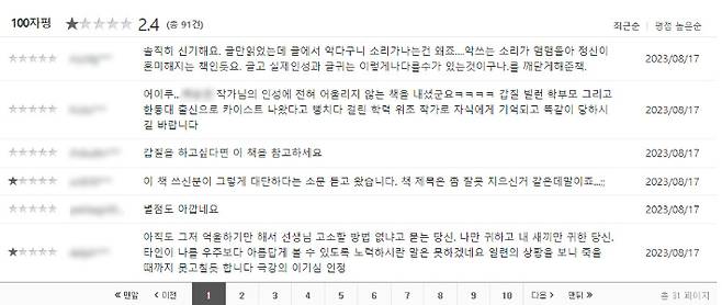 그가 과거 출간한 책의 평점과 리뷰. 인터파크 도서 캡처