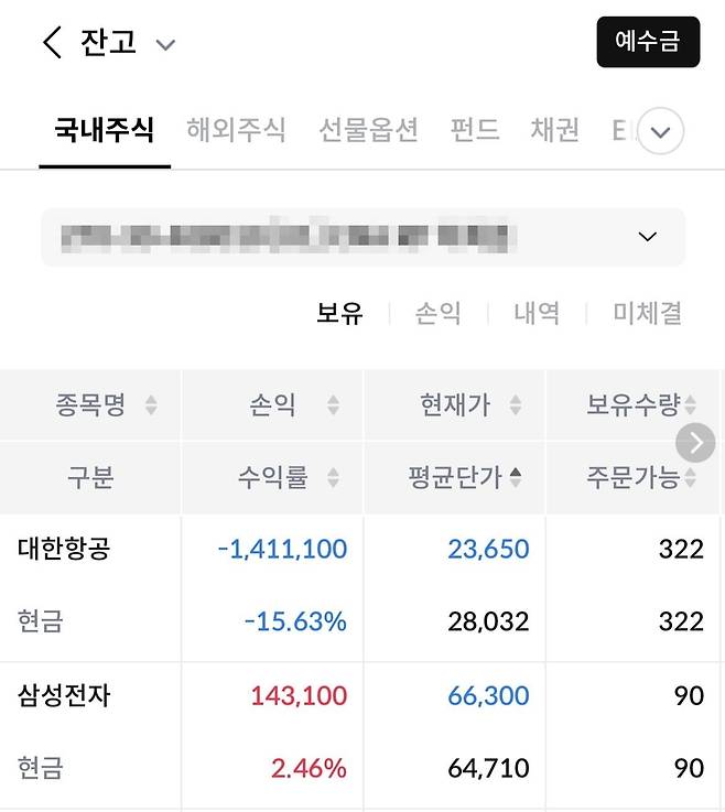 대한항공에 투자한 30대 최성실(가명) 과장의 19일 잔고. 한국경제신문 독자 제공