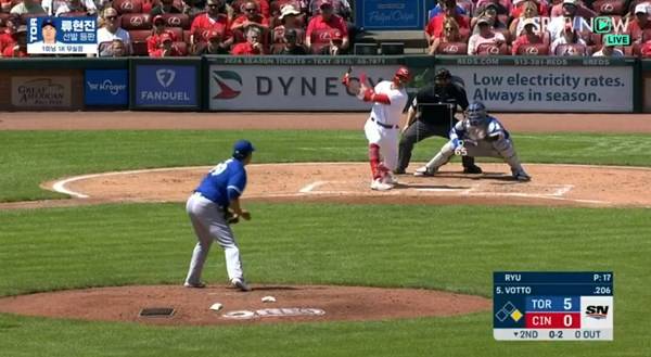 커브를 구사해 조이 보토를 헛스윙 삼진으로 돌려세운 류현진. ⓒSPOTV 중계화면 캡처