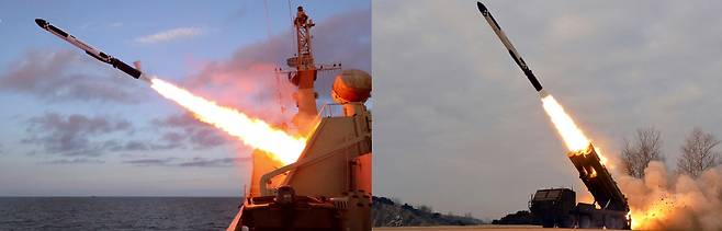 North Korea's state-run Korean Central Television broadcasts images of a "strategic" cruise missile launch (left) on Monday. The accompanying photo on the right depicts the Hwasal-2 long-range land-attack cruise missile, which was launched Jan. 25. The two are nearly indiscernible in appearance. (Yonhap)