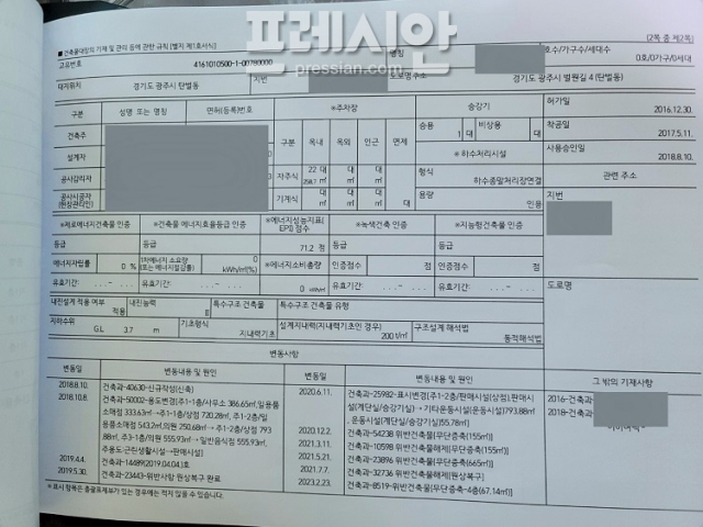 ▲경기 광주시의회 A부의장 가족 소유의 건축물대장에 건축물 무단 증축에 따른 위반 내역이 적혀 있다. ⓒ프레시안(이백상)