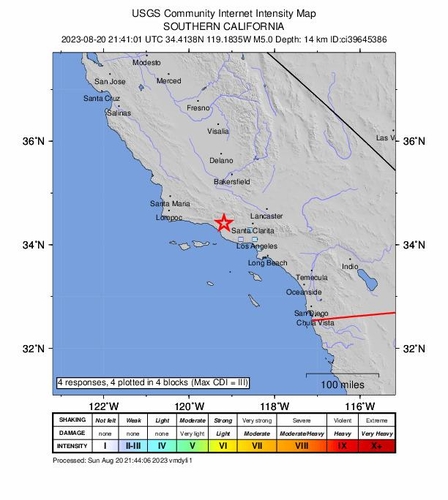 미 캘리포니아주 남부서 규모 5.0 지진 [미 지질조사국(USGS) 웹사이트 제공. 재판매 및 DB 금지]