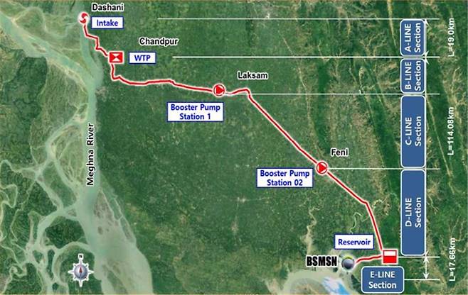 방글라데시 BSMSN 경제구역 내 용수개발사업 위치 및 노선  [국토교통부 제공]