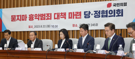 22일 국회에서 열린 '묻지마 흉악범죄 대책 당정협의회'에서 국민의힘 윤재옥 원내대표가 발언하고 있다. 왼쪽부터 국민의힘 박대출 정책위의장, 윤 원내대표, 이노공 법무부 차관, 한창섭 행안부 차관, 윤희근 경찰청장.<연합뉴스>