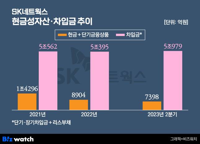 SK네트웍스 현금성자산 차입금 추이 / 그래픽=비즈워치