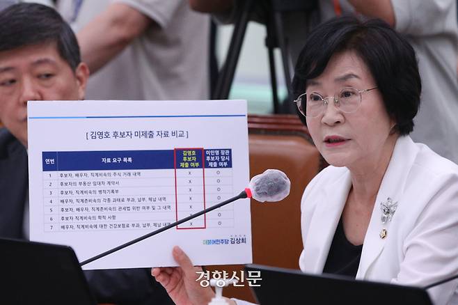 김상희 더불어민주당 의원이 지난 7월21일 국회 외교통일위원회 전체회의에서 열린 김영호 통일부 장관 후보자 인사청문회에서 김 후보자의 자료제출 여부와 관련된 의사진행 발언을 하고 있다. 성동훈 기자