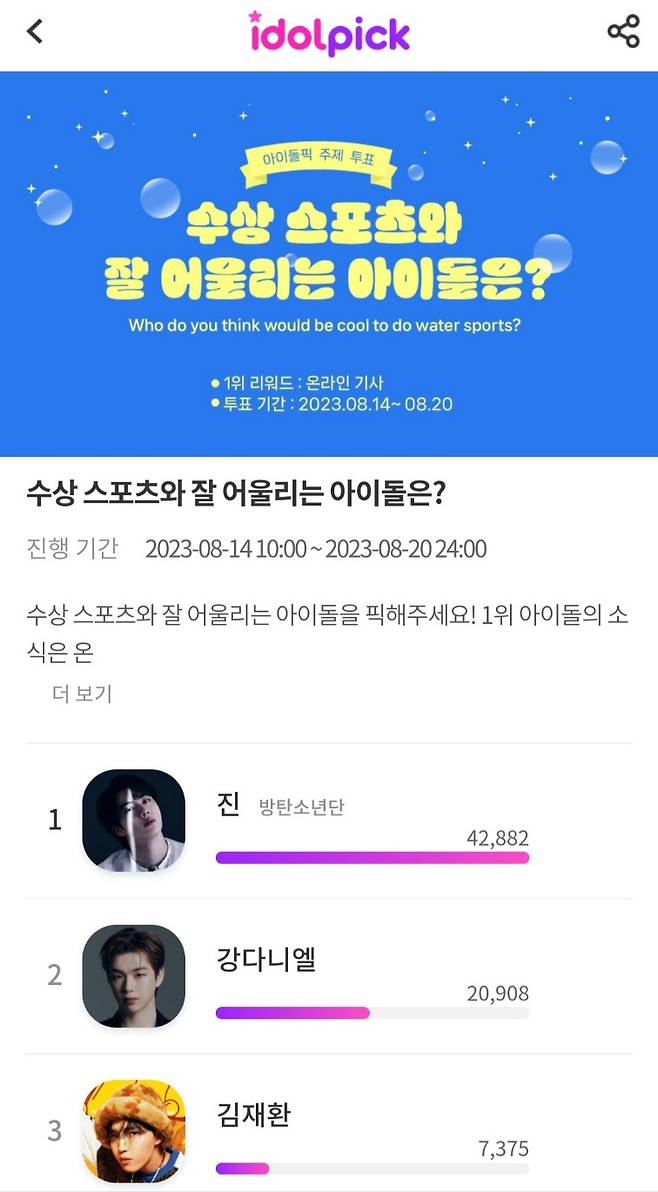 '특급전사' 방탄소년단 진, 수상 스포츠와 잘 어울리는 아이돌 1위