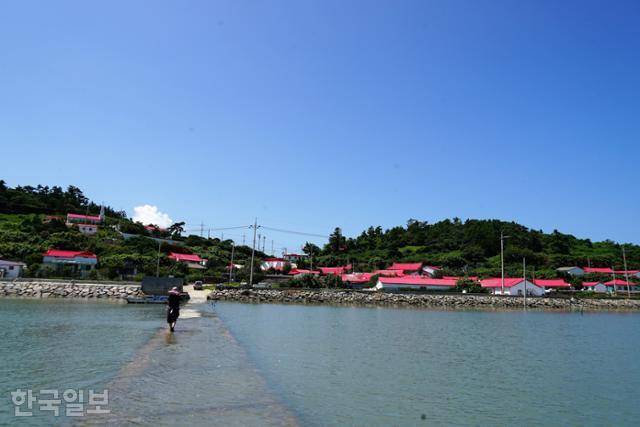 옥도의 노둣길에서 바라본 큰 마을 전경. 집집마다 빨강 페인트로 칠한 지붕이 눈에 띈다. 신안=김정혜 기자