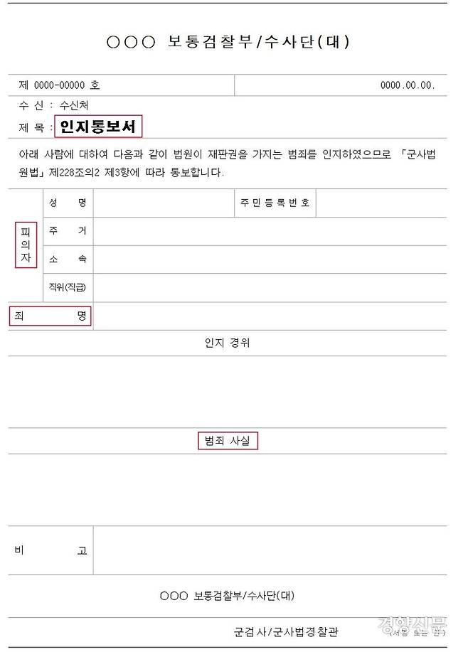 군의 수사기관이 민간 수사기관에 사건을 이첩할 때 작성해야 하는 인지통보서